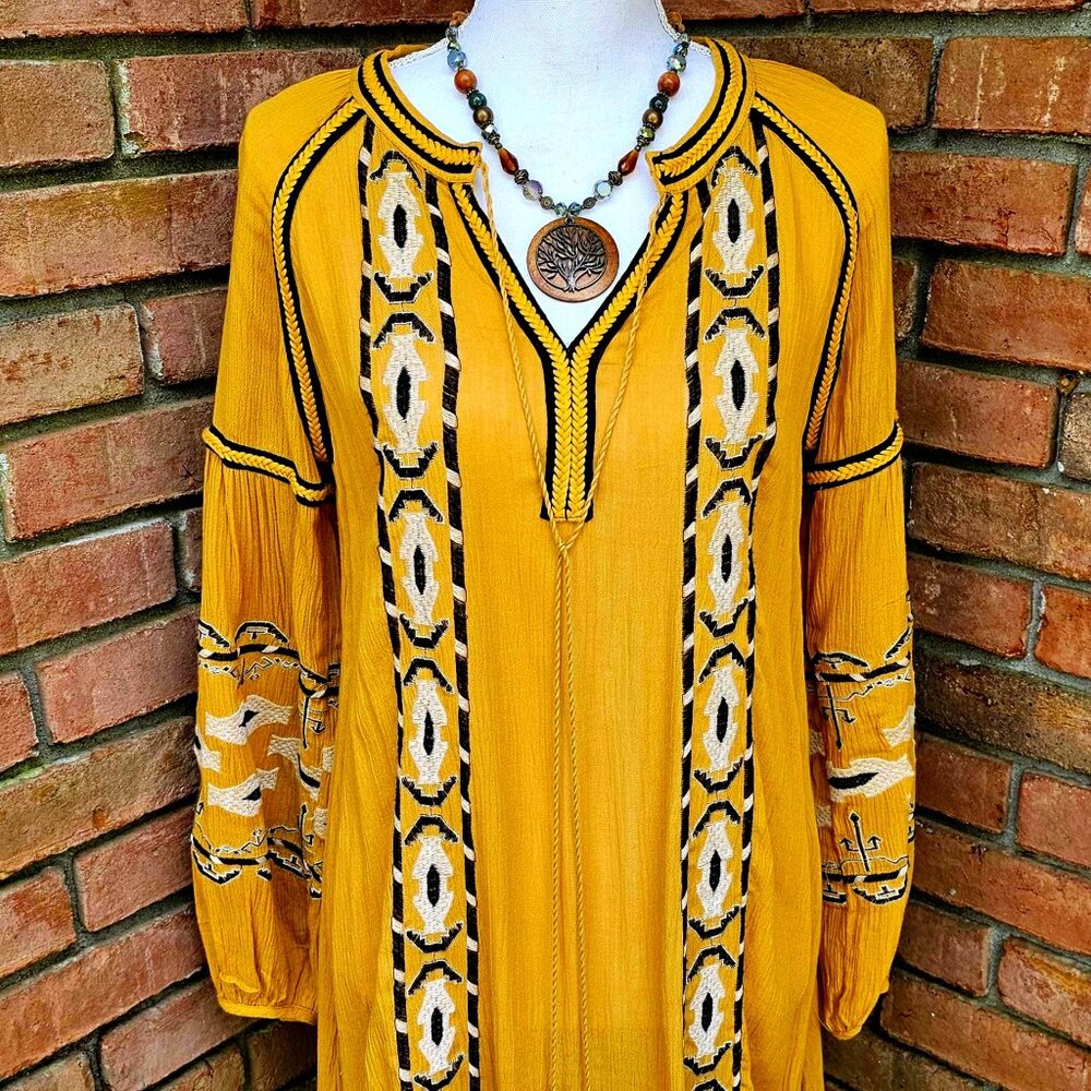 COPY - Dress. Mustard Yellow. Black & White Embroidery. Blu Pepper Brand.
